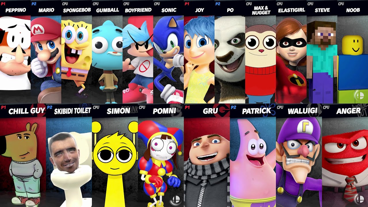 Sonic vs Mario vs Friday Night Funkin' vs Spongebob | Steve vs Noob in Super Smash Bros Ultimate