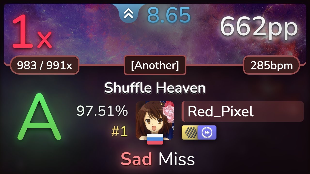 Red_Pixel | RYO - Shuffle Heaven [Another] +HDDT 97.51% (#1 662pp 1❌) - osu!