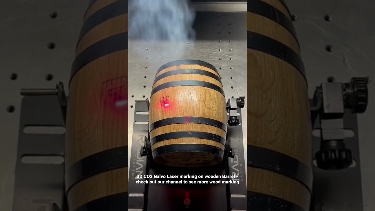 3D CO2 Galvo Laser marking on wooden barrel