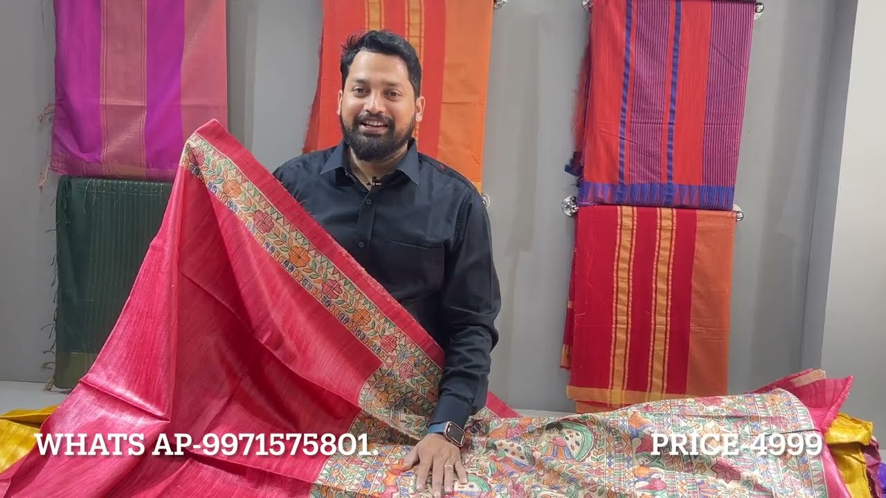 Latest Bhagalpuri Tussar Ghicha Madhubani Hand painting Unique Design Saree Price/Mohey desi Sari