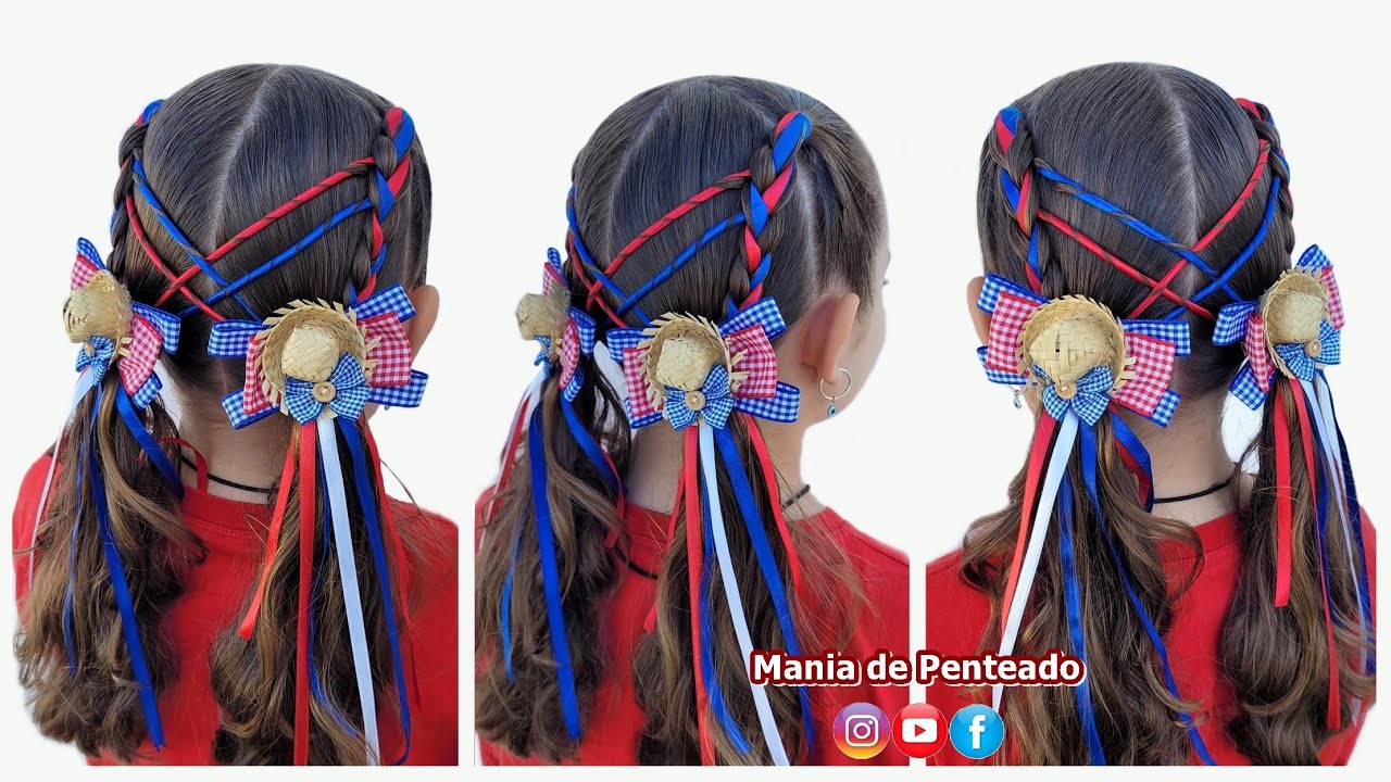 Penteado Fácil com Fitas para Festa Junina e São Jõao | Ponytails Hairstyle with Ribbons for Girls 🥰