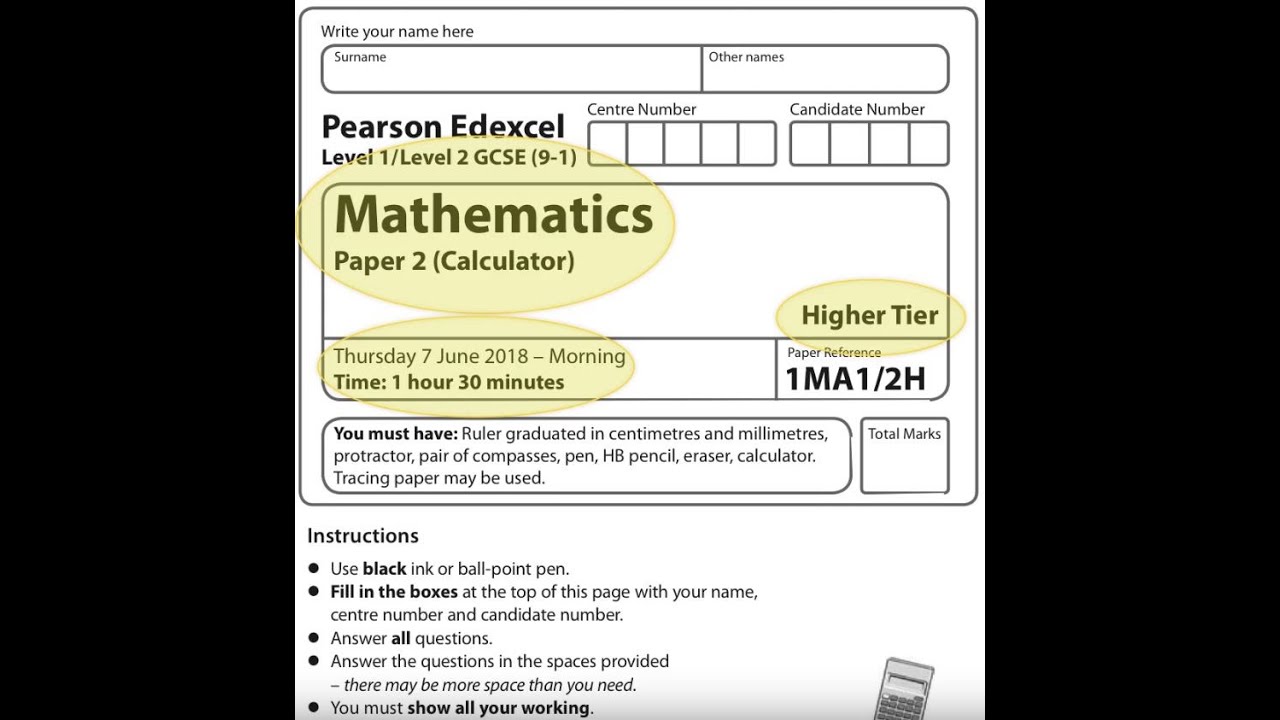 EDEXCEL GCSE Maths. June 2018. Paper 2. Higher. Calculator. 2H.