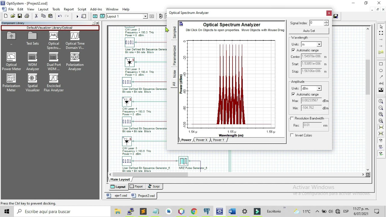 Simulación de Sistema Óptico WDM de 8 canales en OPTISYSTEM