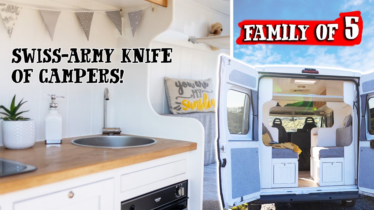FAMILY CAMPER VAN TOUR - Amazing CUSTOM VAN does it all! | Off-grid, 5 Seats + Bunks