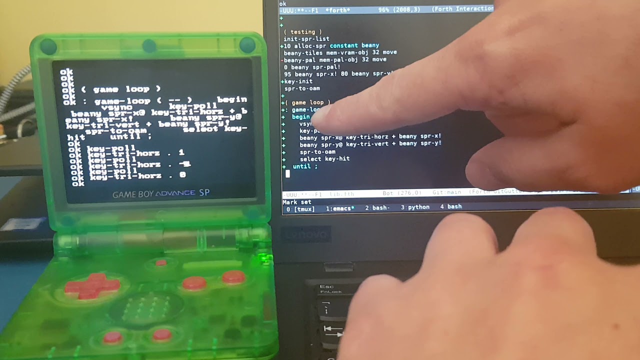 Forth GBA hacking: register defs, shadow sprites, key presses, game loop