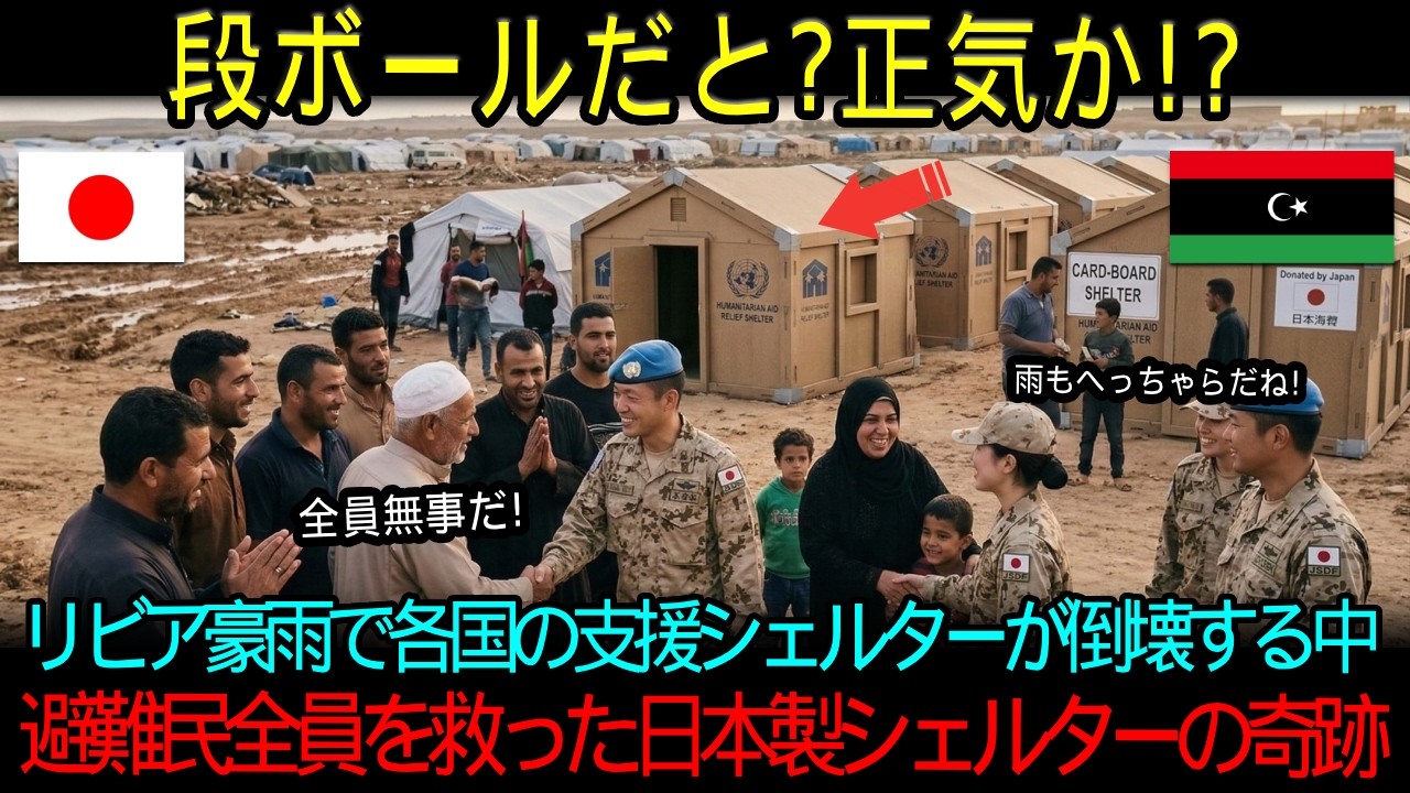 「段ボールなんて使い物になる訳ない！」リビア豪雨で救援に来た日本の段ボールシェルターを侮辱した避難民→180ミリの豪雨の中、日本だけが2000名の命を救った衝撃の真相とは？【海外の反応】