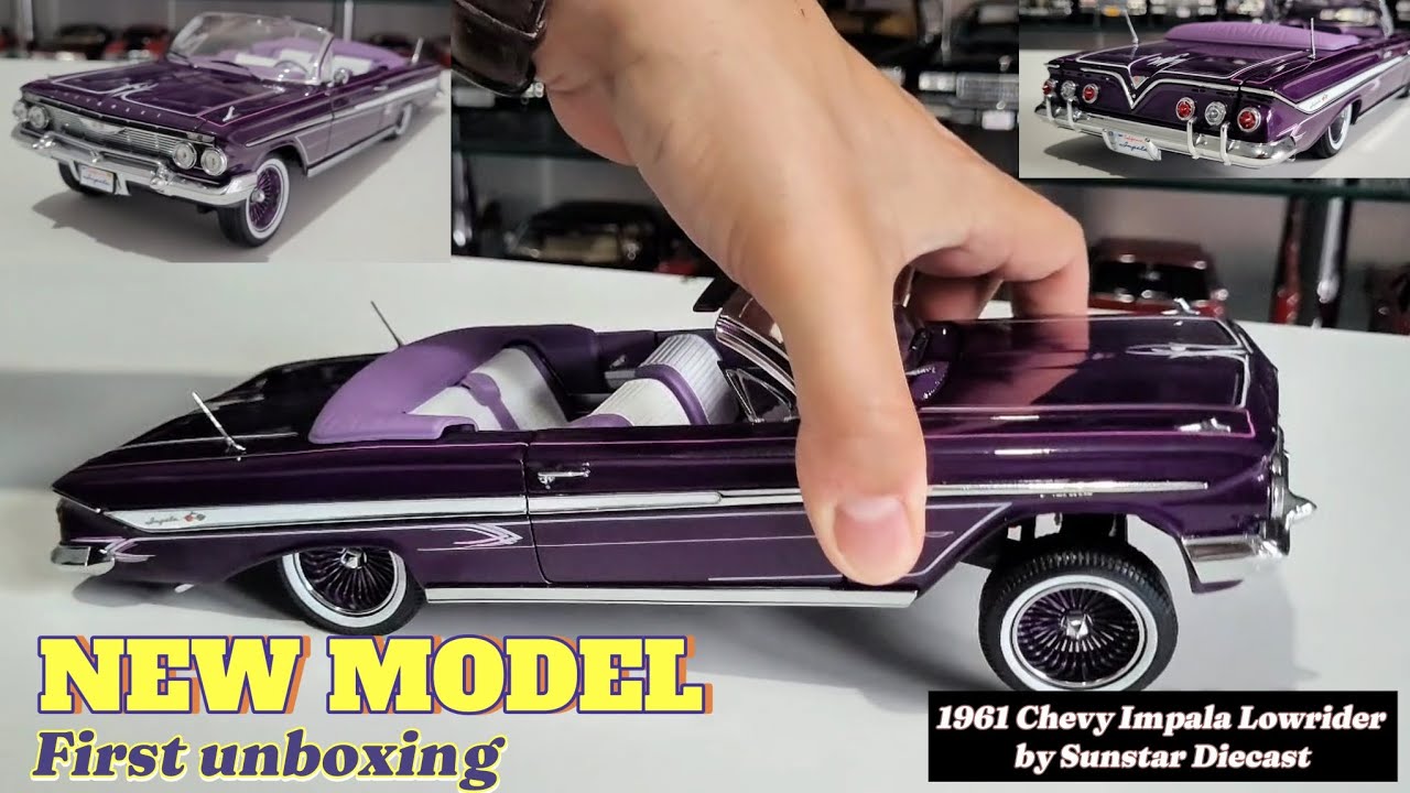 New Diecast Model Car Unboxing 1/18 Chevrolet 1961 Impala Lowrider Open Conv. Purple by Sunstar