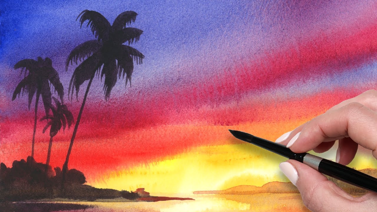 Tropical Sunset Ocean Watercolor Painting Tutorial for Beginners