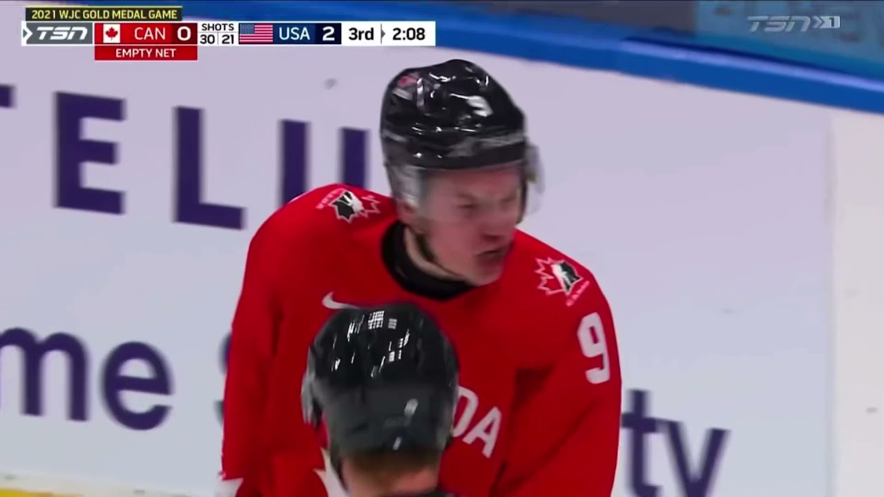 Connor Zary yells at the ref during 2021 World Juniors gold medal game