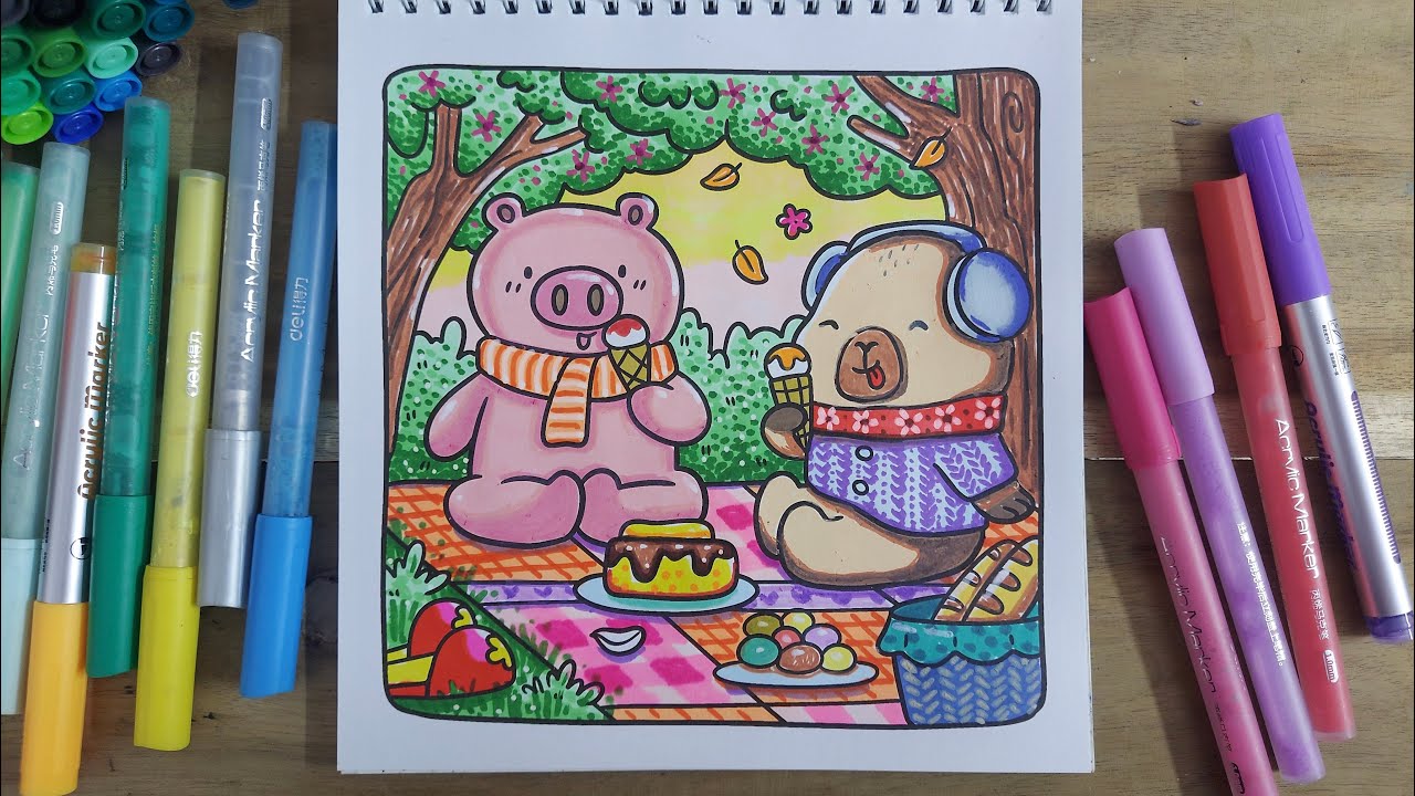 Coloring / một ngày đẹp trời / tranh tô màu / Capybara #capybara #coloringbook #coloringtutorial 
