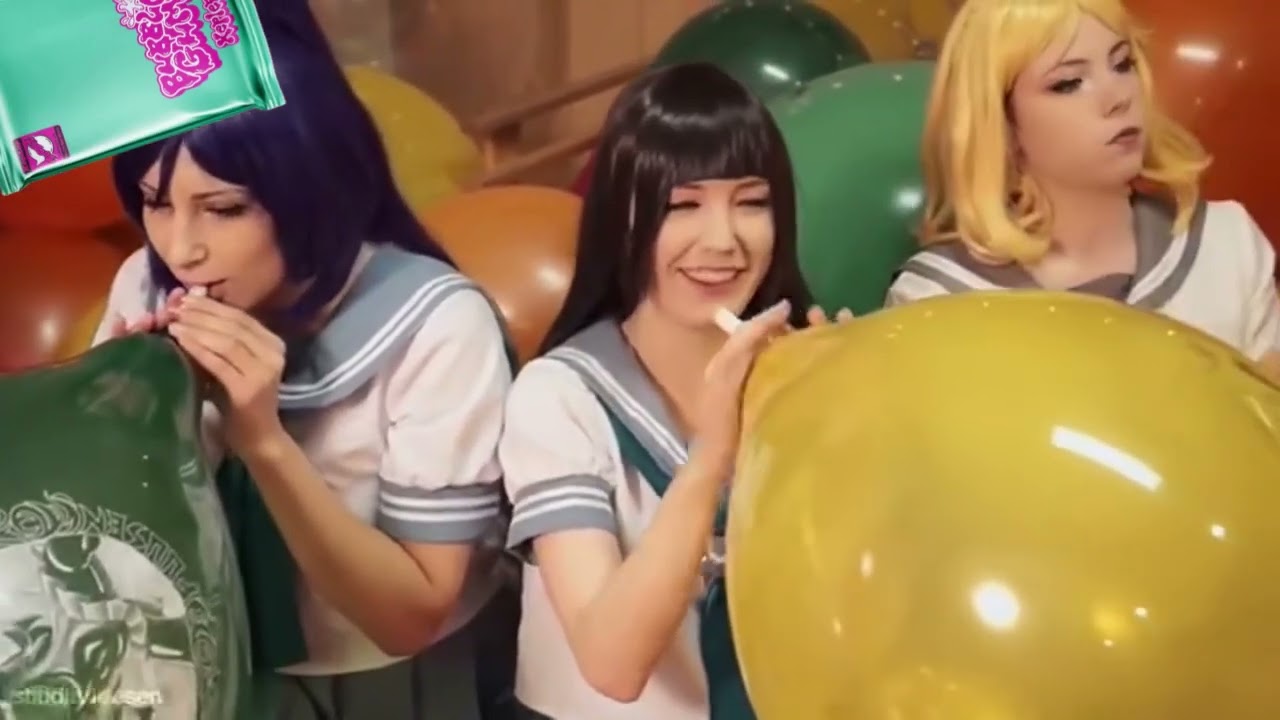 Three sisters have a balloon blowing contest #ballons #anime #blowing #cosplay