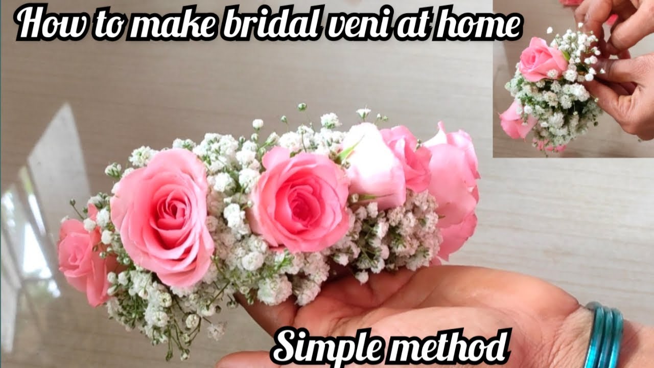 How to make bridal flower for hair/baby breath & pink Rose veni/gypsy flower veni
