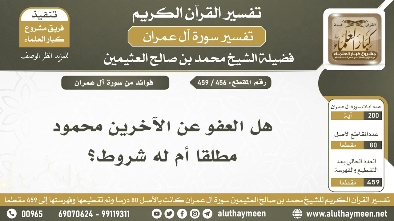 456 - 459 - هل العفو عن الآخرين محمود مطلقا أم له شروط؟ - الشيخ ابن عثيمين