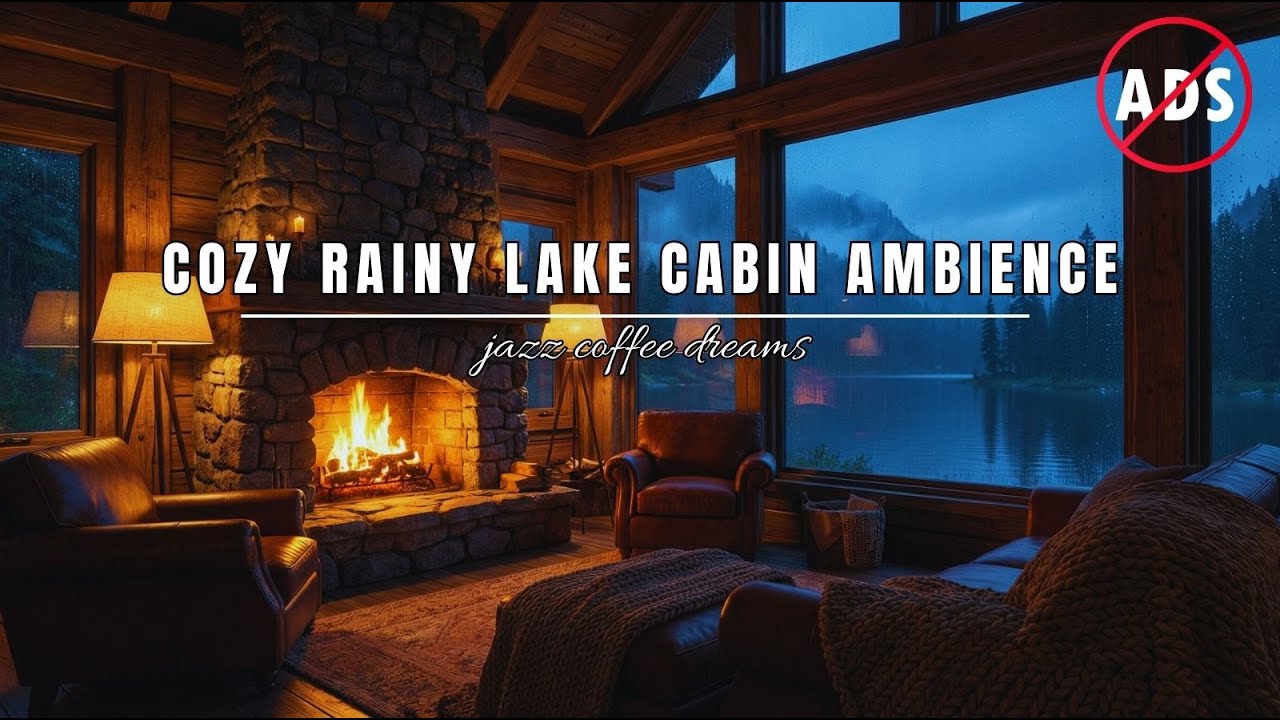 Cozy Rainy Lake Cabin Ambience 🌧️🔥 Fireplace Glow, Mountain View & Calm Jazz