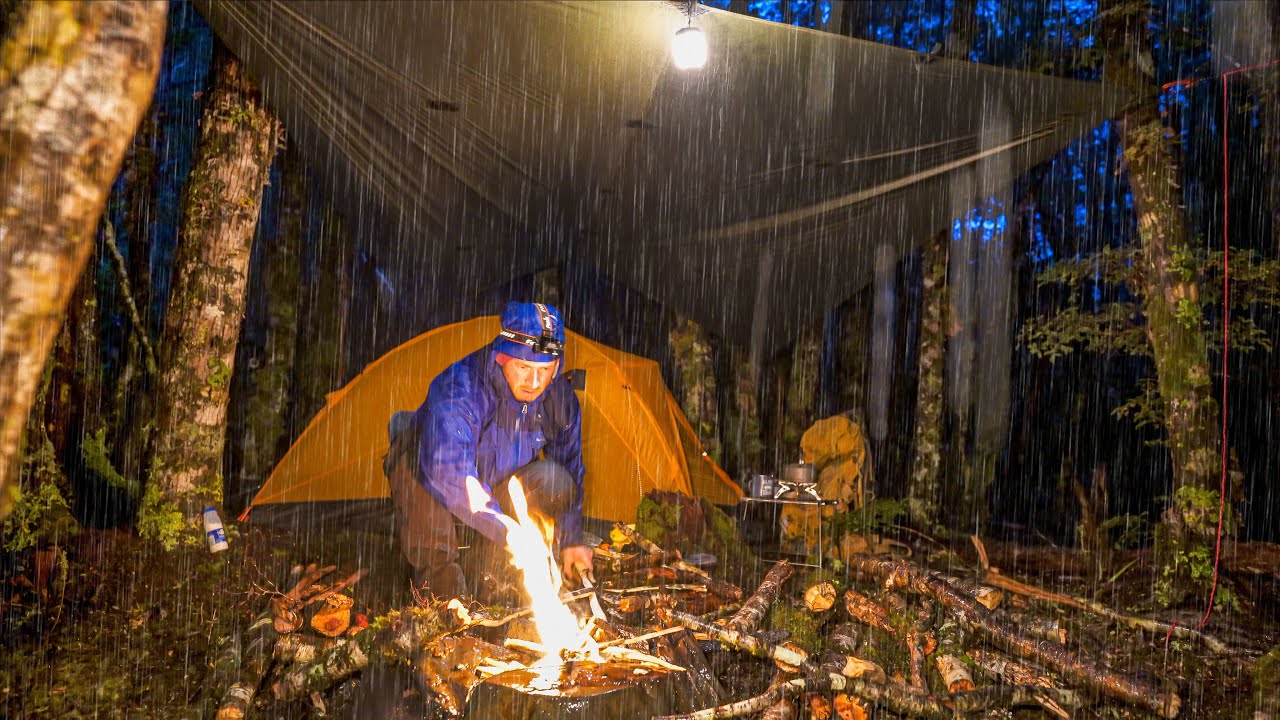 Camping In Heavy Rain Storm - Tarp and Tent