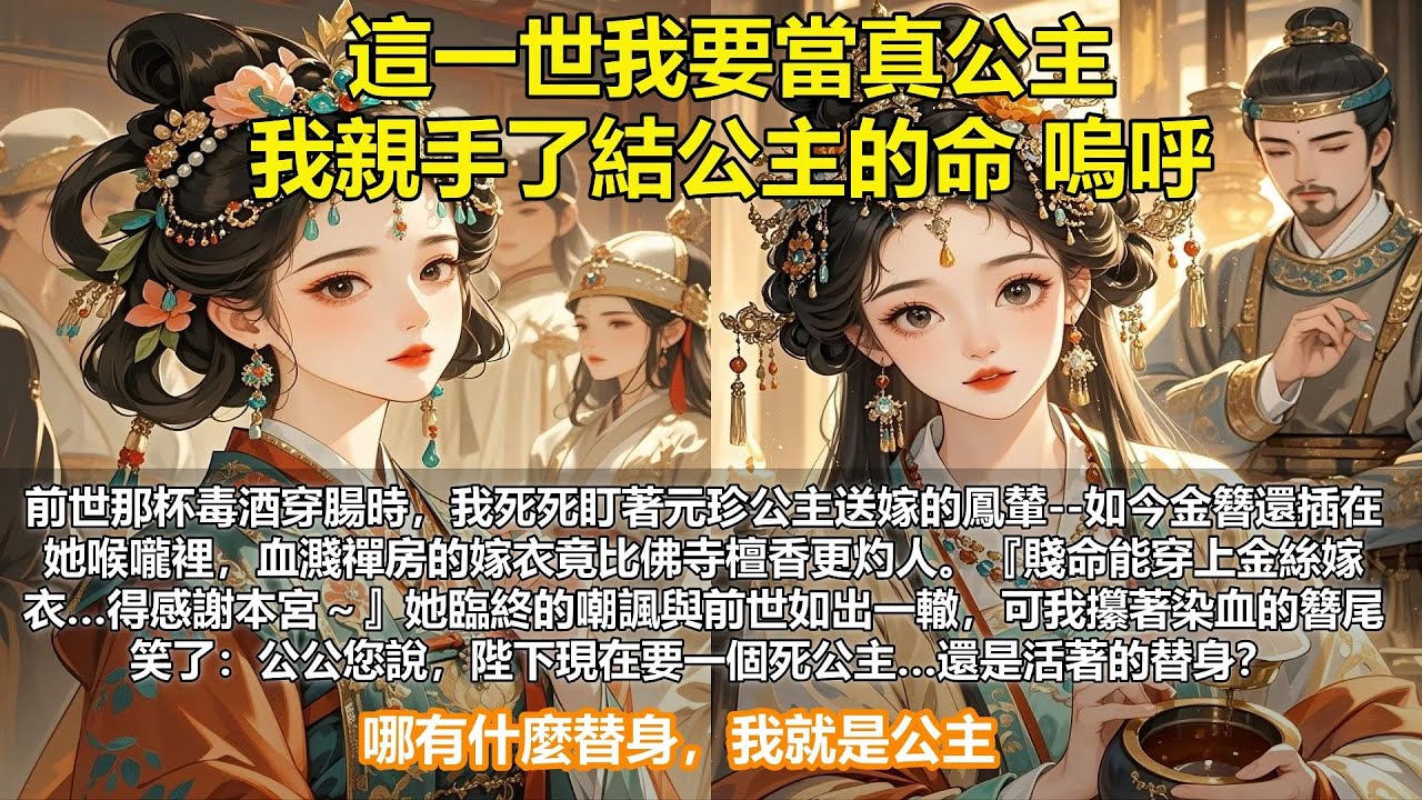 【完結復仇文】這一世我要當真公主，我親手了結公主的命。前世我被當作公主替身折磨致死，重生後竟在婚禮前夜抓起金簪…你這賤命能穿上嫁衣，還得感謝本宮～元珍的笑聲還迴盪耳邊，但這次，我該讓她血濺禪房還是…？