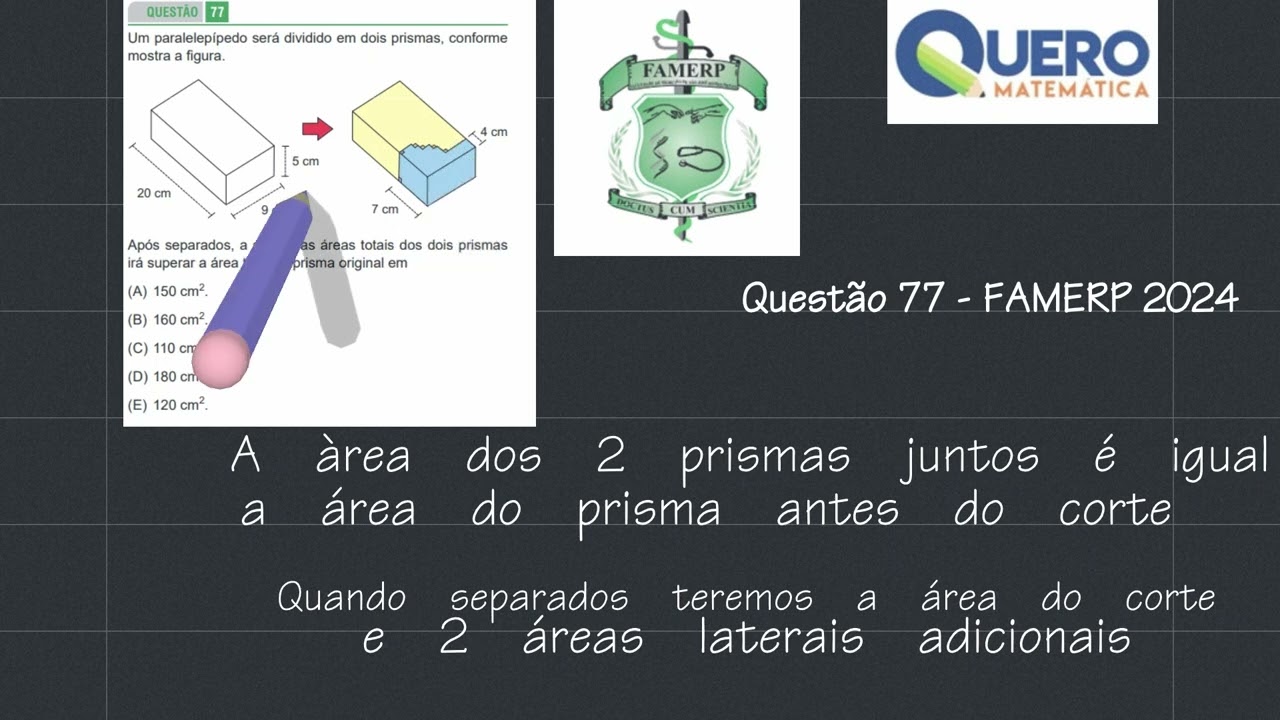 Questão 77 FAMERP 2024 Matemática | Área total de prismas e aumento após divisão