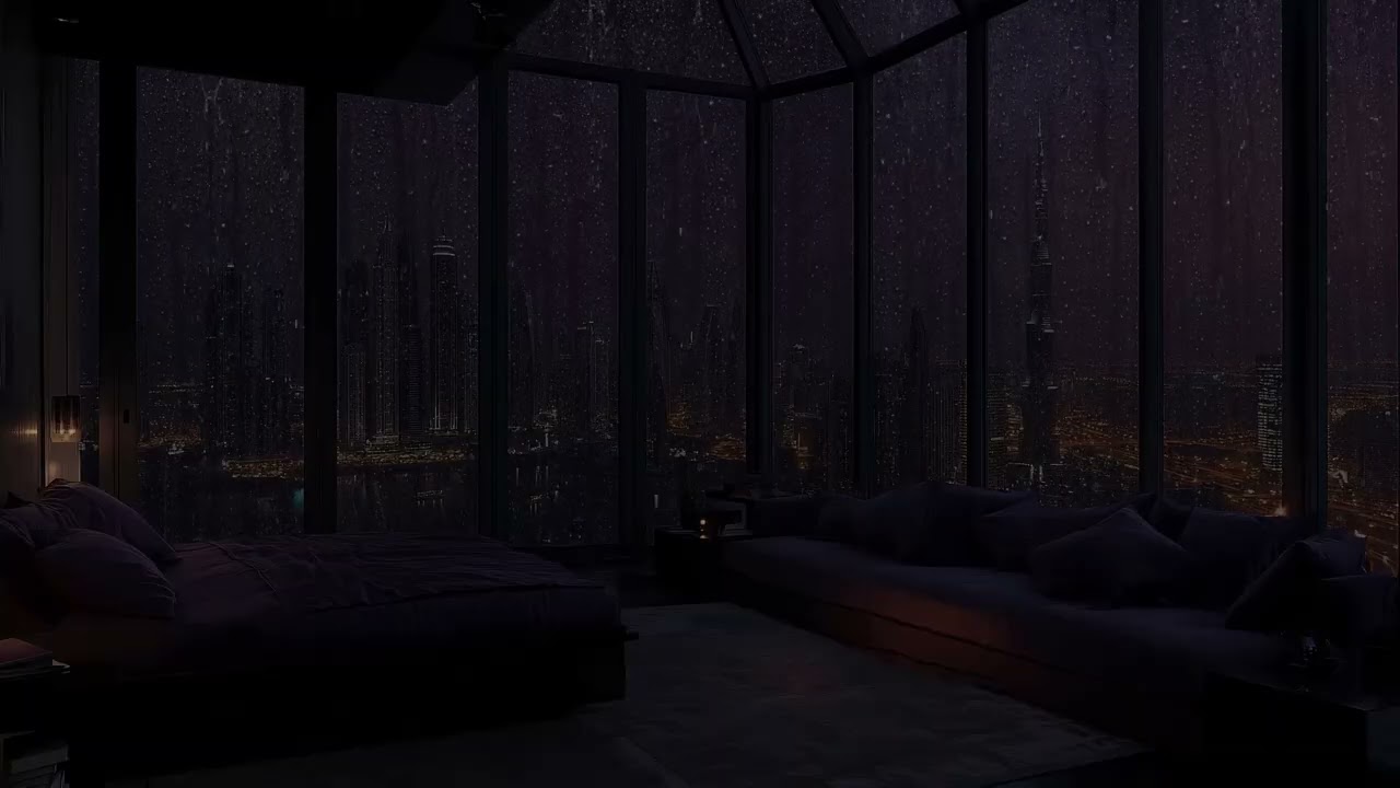 Late Night Rain in NYC Apartment☔⚡Chill Ambience with City Lights & Thunder for Sleep & Study 😴