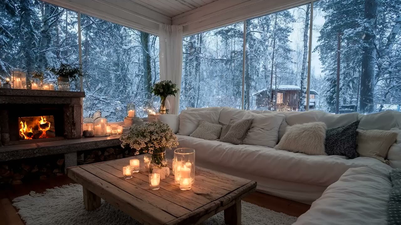 Soft Piano in Snowy White Lounge | Floral Decor & Firelight for Focus & Relax