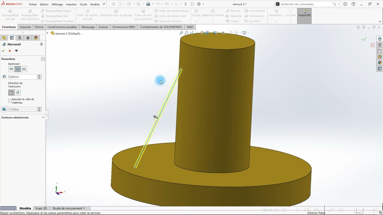Créer une nervure dans Solidworks