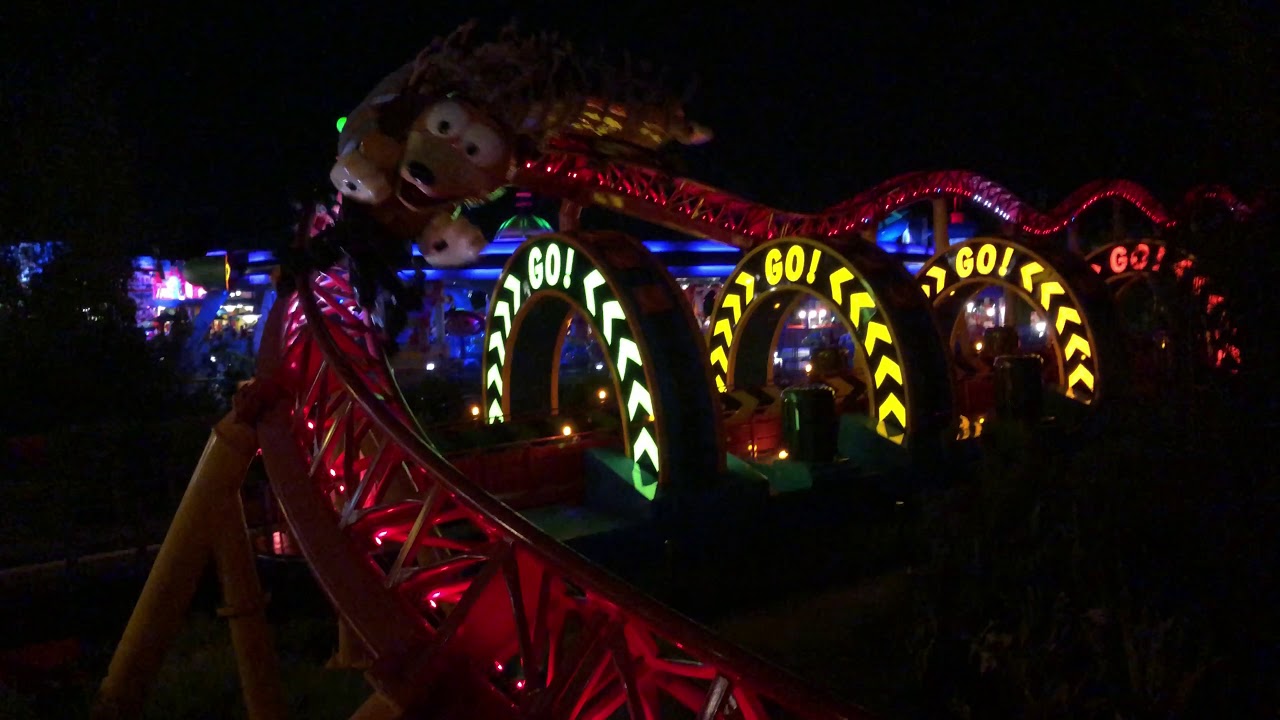 Slinky Dog Dash from around Toy Story Land at Night