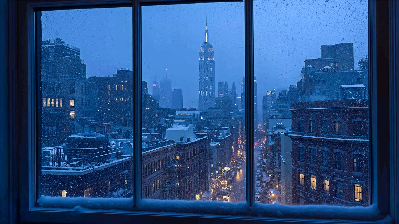 Blue Hour Snowfall In New York City❄️Cozy Winter Ambience For Reading, Sleeping, Projectors, Etc.