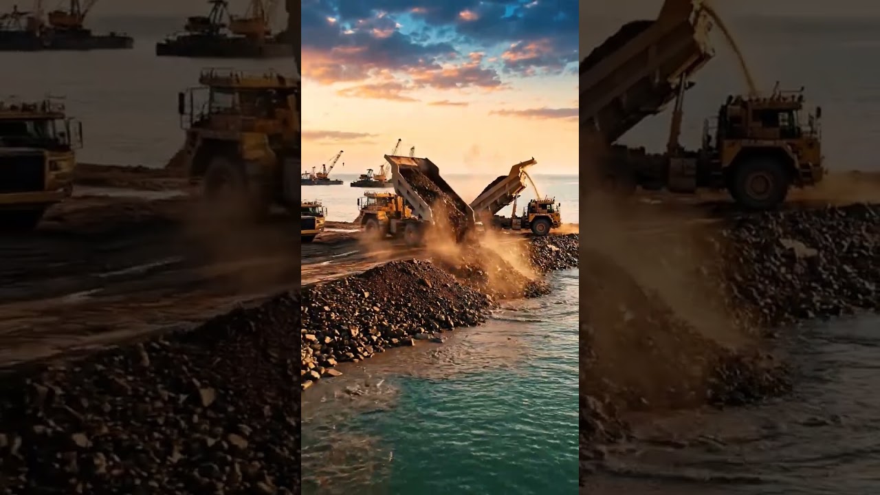 A lot of massive Dump Truck dumped the soil into water for make the road.