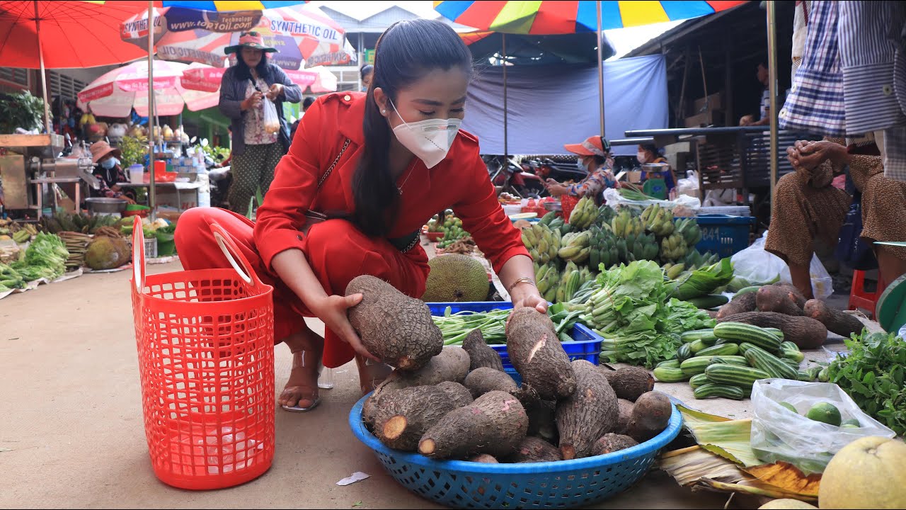 My village market again, Buy ingredient for cooking / Cambodia noodle with chicken curry recipe