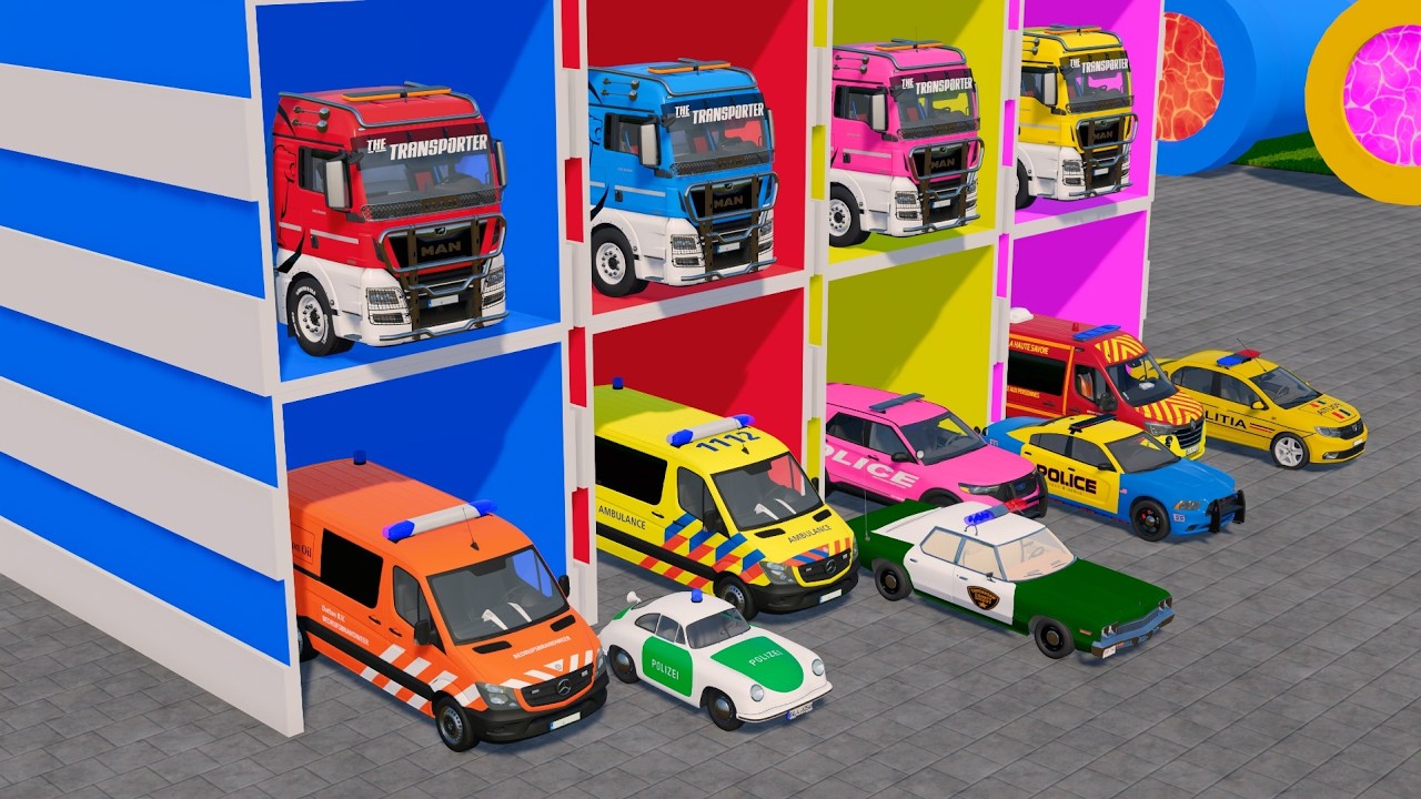 TRANSPORTING ALL POLICE CARS and AMBULANCE EMERGENCY VEHICLES WITH MERCEDES POLICE TRUCKS ! FS22