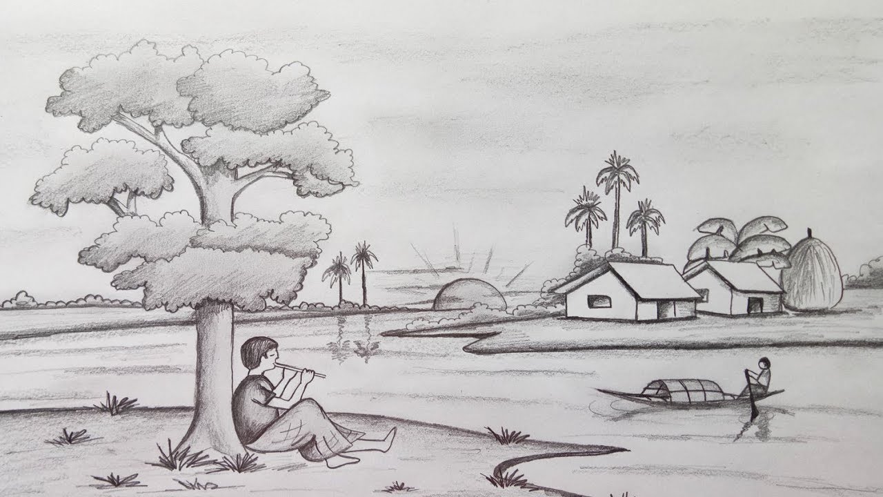 How to draw Scenery / Landscape by pencil sketch.Step by step (easy draw)