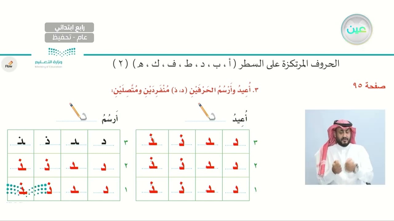 الرسم الكتابي : الحروف المرتكزة  ( أ، ب، د، ط، ف، ك، هـ) (2) - اللغة العربية - رابع ابتدائي