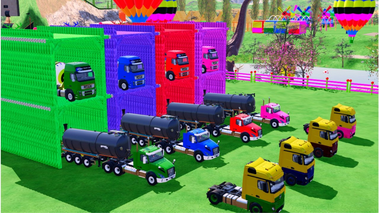 TRANSPORTING ALL COLORFUL MIXER TRUCKS,VOLVO OIL TRUCKS, WITH MERCEDES TRUCKS TO THE GARAGE