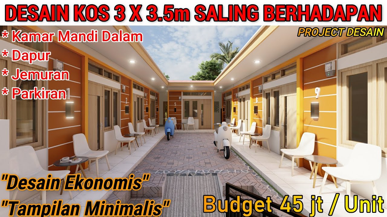DESAIN KOS KOSAN 3 X 3.5 M SALING BERHADAPAN || Kamar Mandi Dalam, Dapur Umum, T. Jemuran