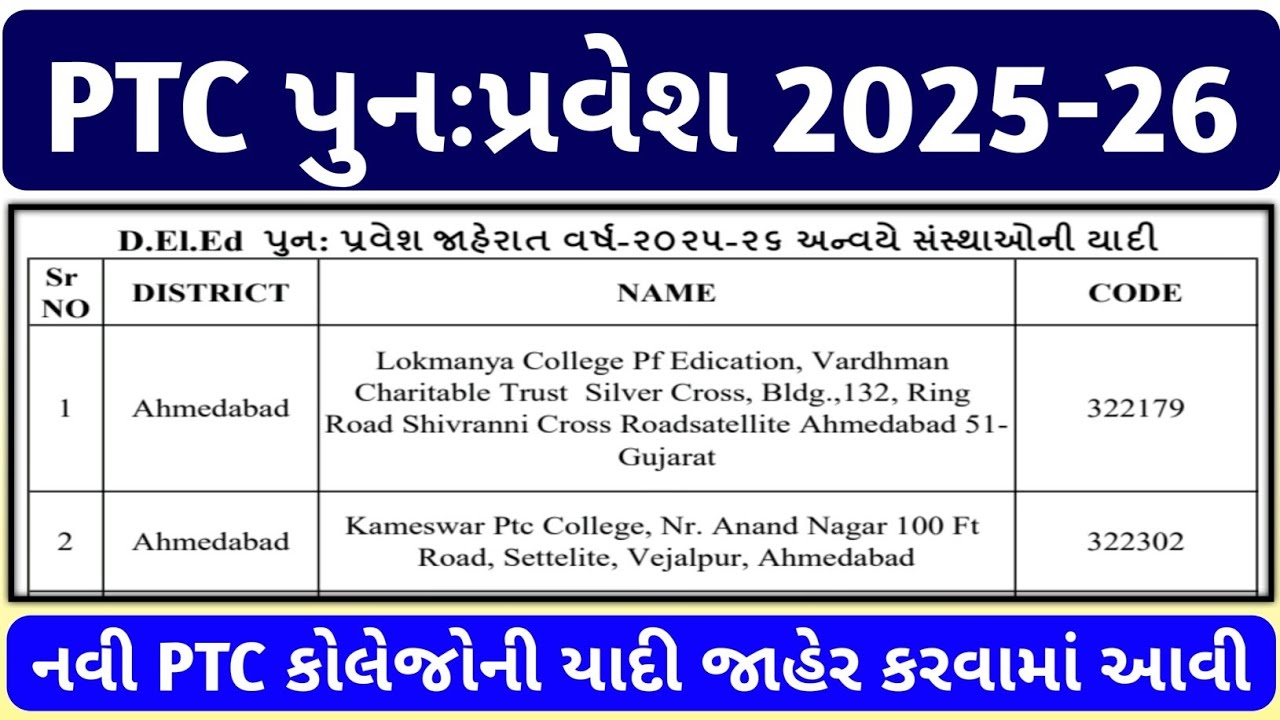 PTC પુનઃપ્રવેશ 2025-26 || નવી કોલેજોની યાદી જાહેર || PTC Admission 2025