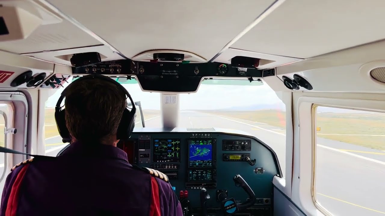 Britten-Norman Islander of FIGAS landing at Stanley Airport in the Falklands