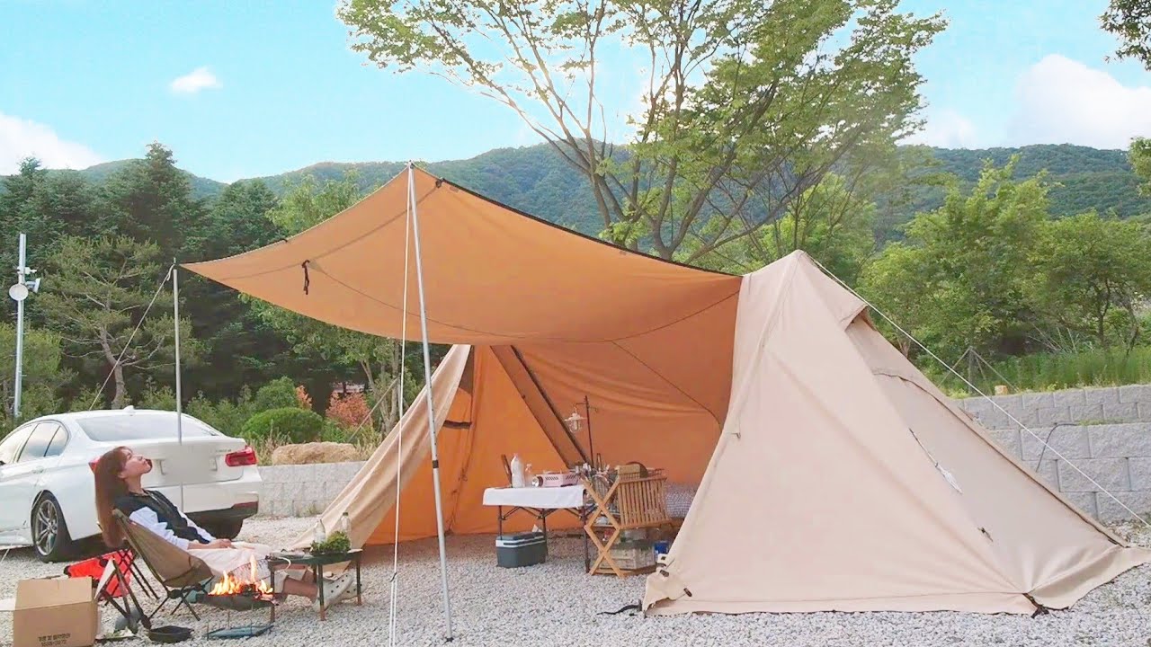 캠핑VLOG l 두번 실패 후 성공한 듀랑고 쉘터 피칭 🏕 l 대형무지개 🌈 핑크하늘 보면서 해주냉면&양념갈비, 피자만두, 장칼국수랑 한잔