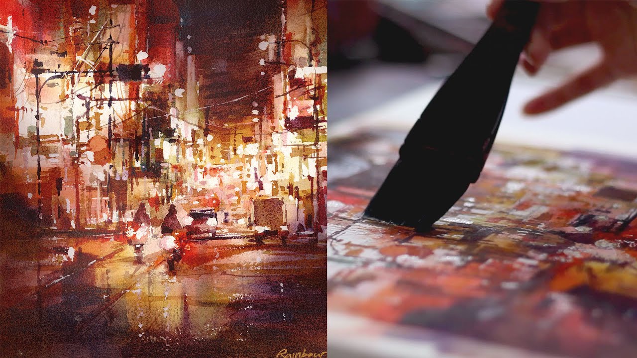 Red glow | watercolor cityscape painting process (timelapse)