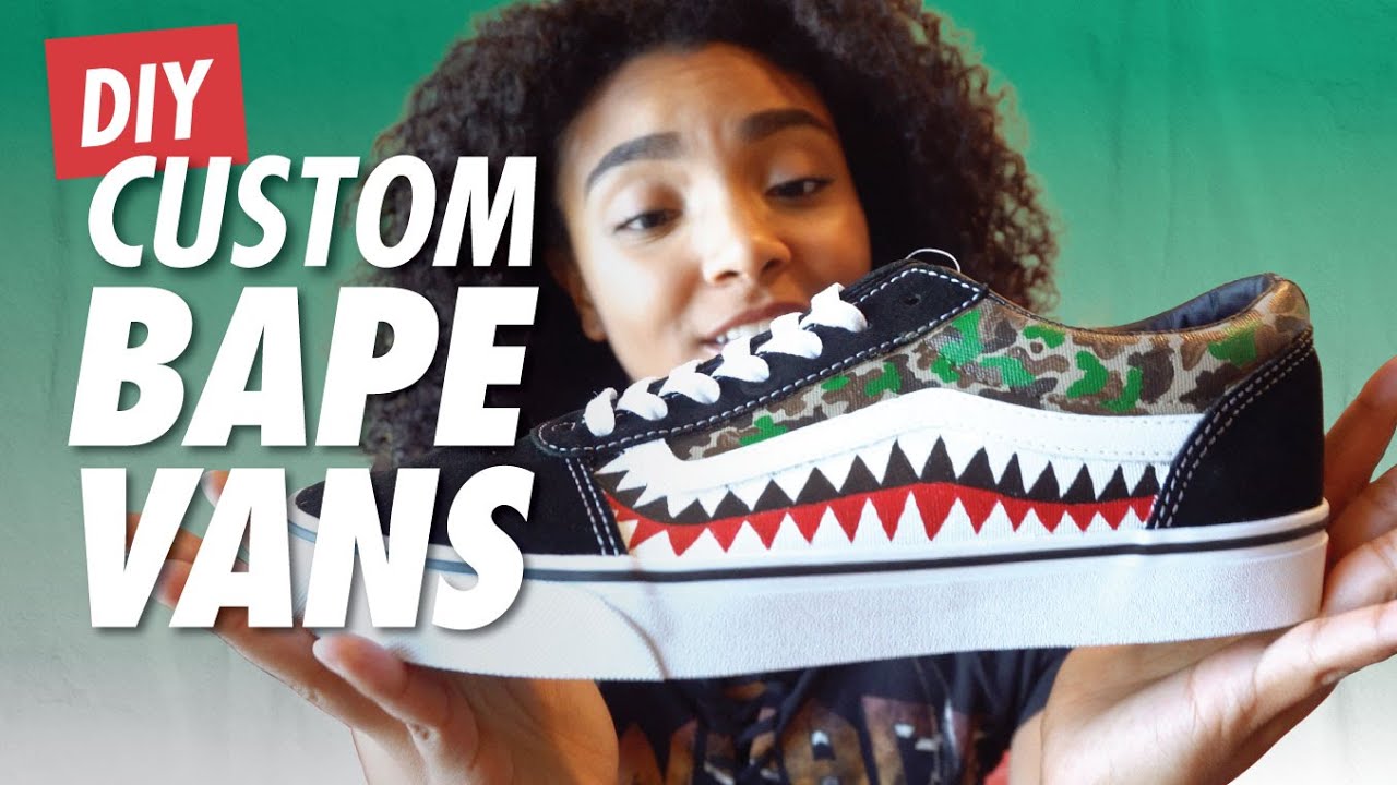 How to Paint Custom BAPE Shark Teeth/Camo Old Skool Vans Tutorial | How to Paint Your Shoes at Home