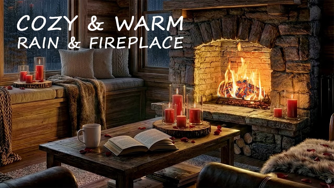 Rainy Night Sanctuary 🕯️ Red Candlelight & Fireplace Sounds | Cozy Cabin