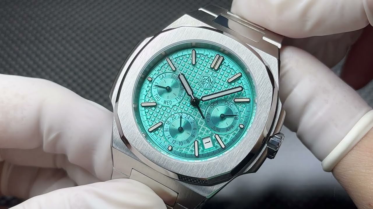 SN0075 New Waffle Dial! San Martin Perpetual Calendar Watch 43mm 9120  Details Display