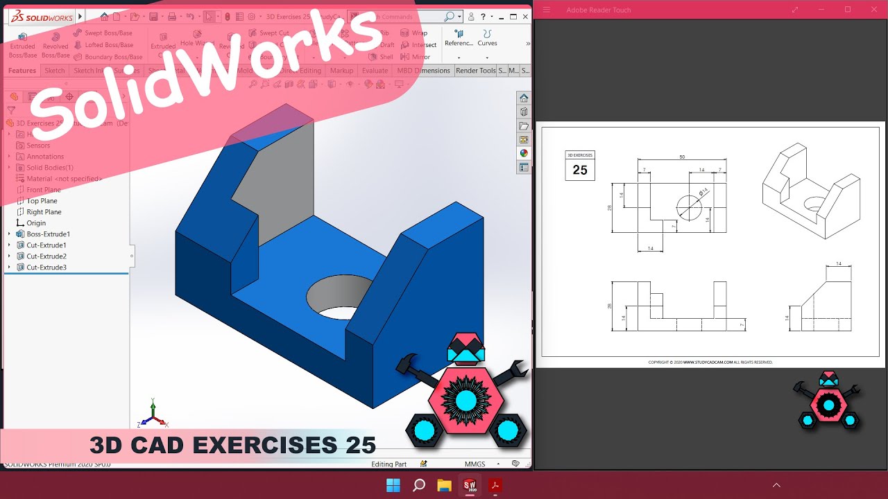 SolidWorks | 3D CAD EXERCISES 25 | StudyCadCam | Solution Tutorial |