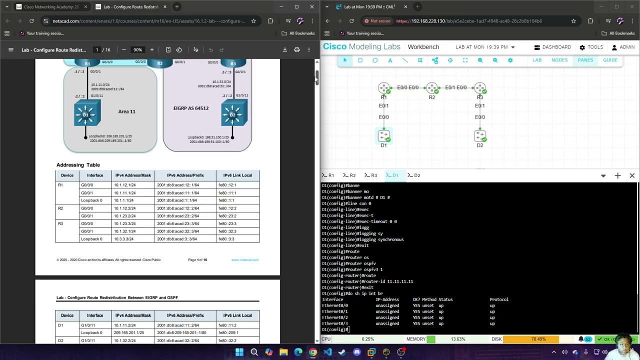 Modul 16 : 16.1.2 Lab - Configure Route Redistribution Between EIGRP and OSPF