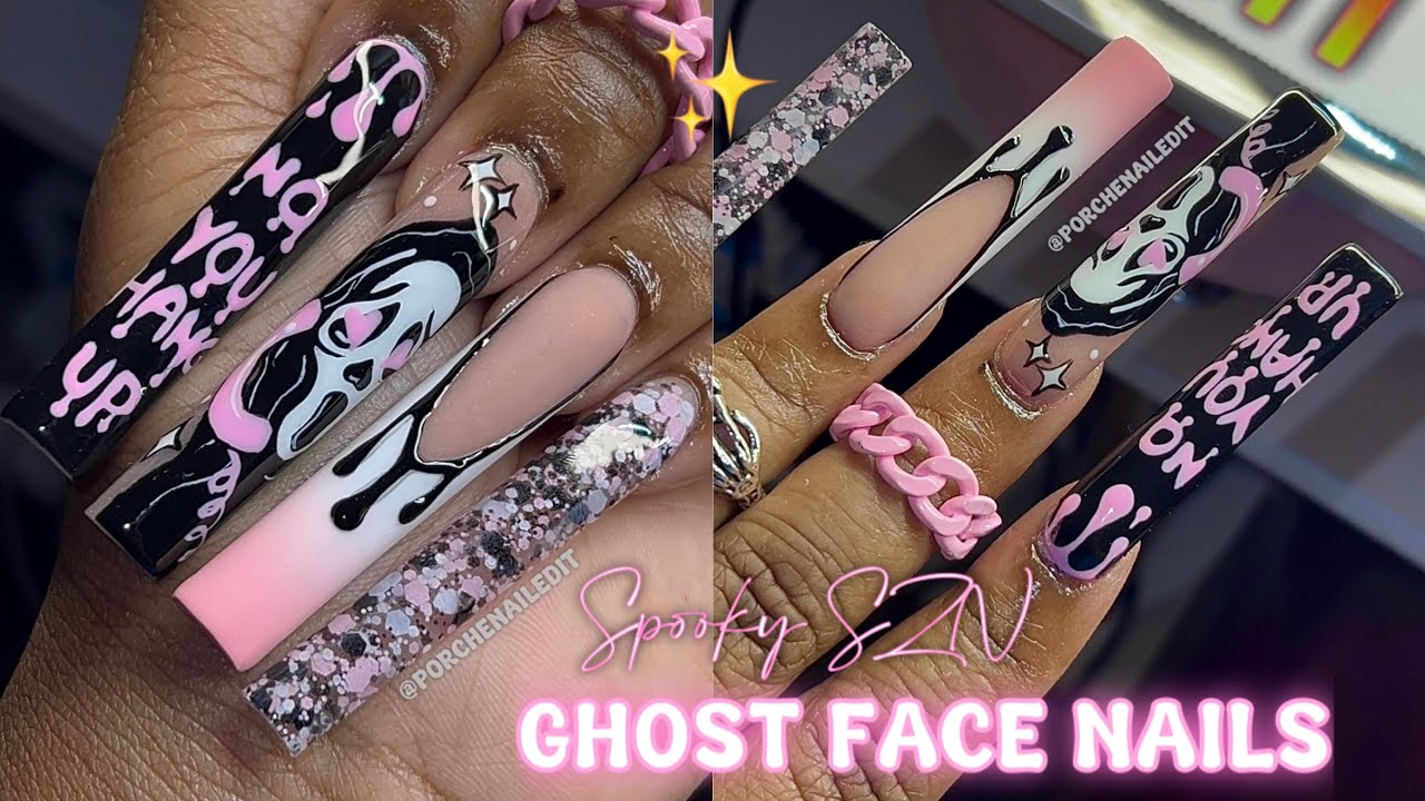 🖤💖 PINK GHOST FACE SCREAM INSPIRED NAILS 👻🔪 HOW TO HAND PAINT | HALLOWEEN NAIL ART | NAIL TUTORIAL ✨