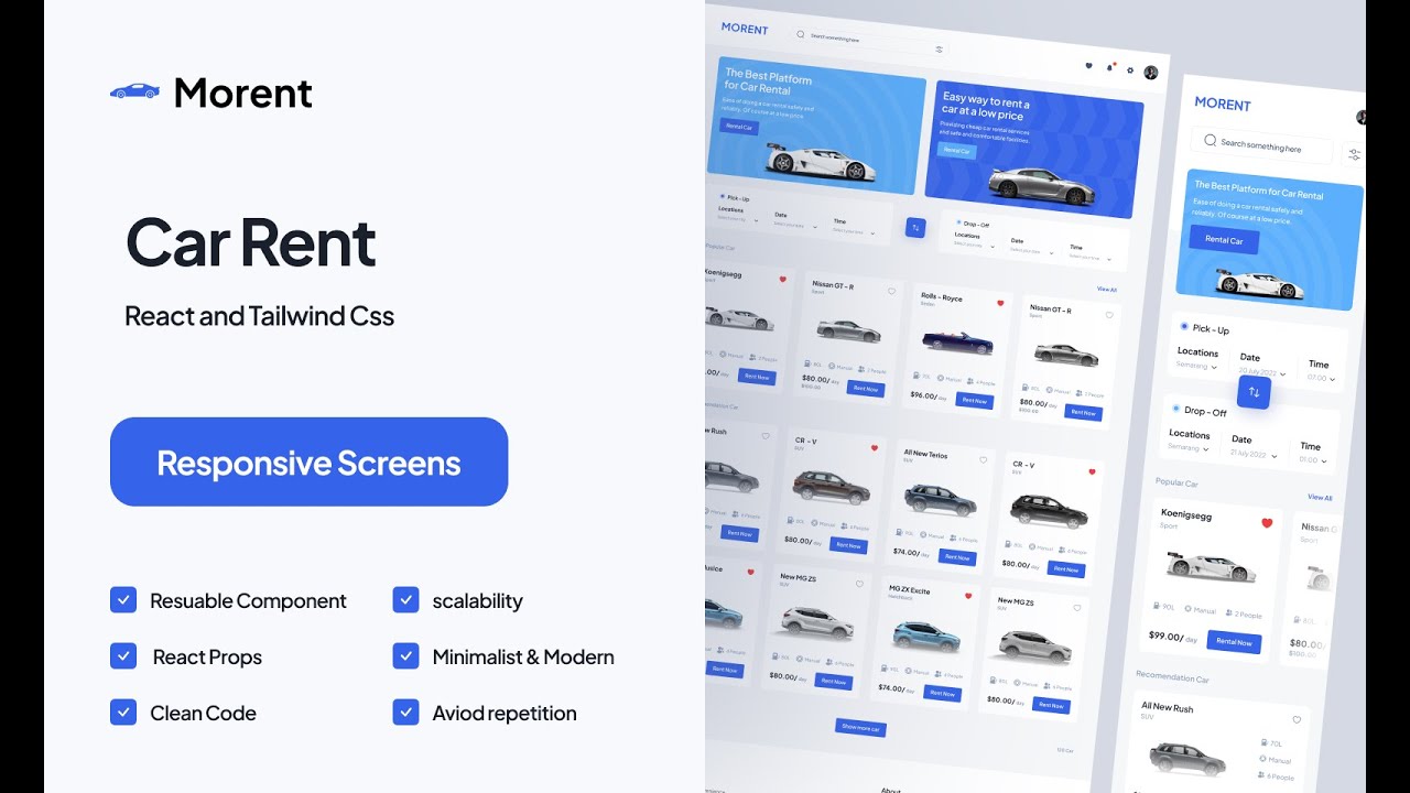 Clean Rental Car Landing Page coded with Tailwind and React Css