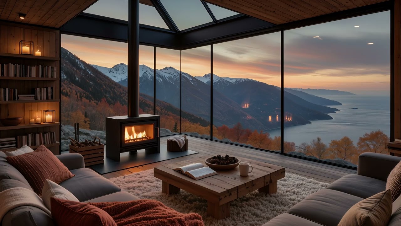 Cozy Cabin Fireplace Ambience 🔥🏔️ | Peaceful Sunset and Crackling Fireplace Sounds for Relaxation