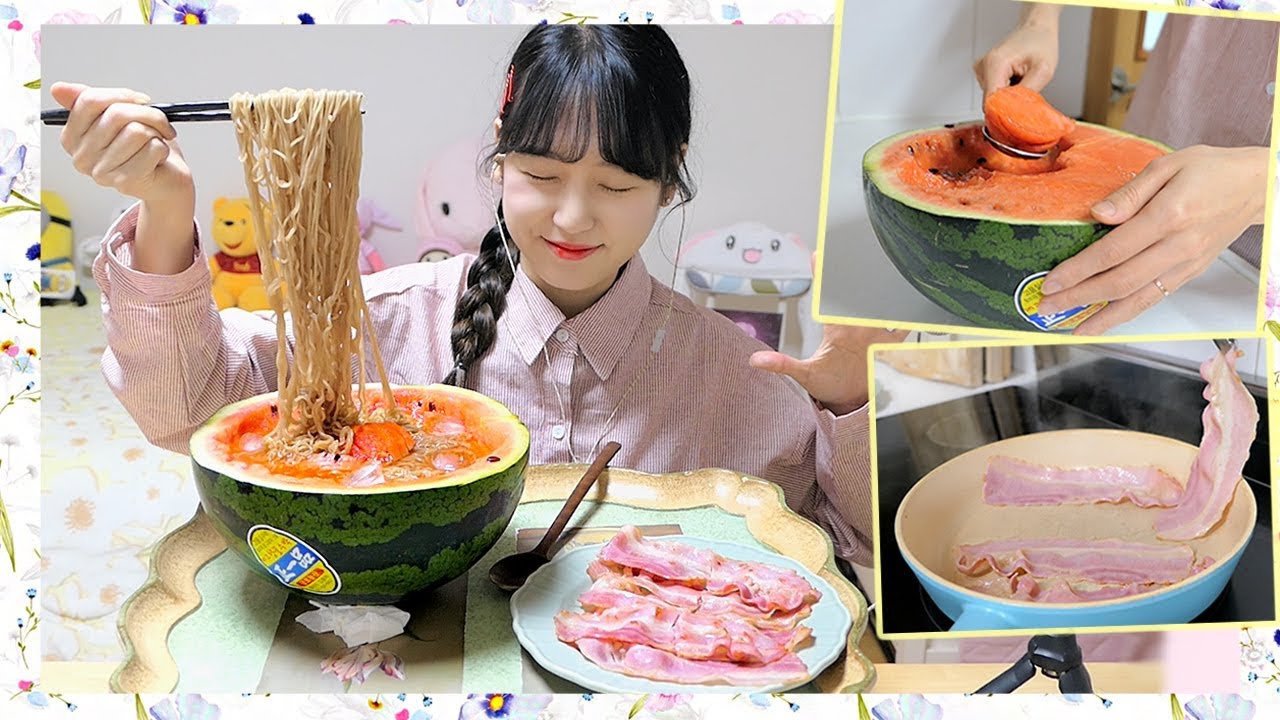 거대 수박 냉면과 구운 베이컨 리얼사운드♬ 얼음 수박 화채 냉면 두개 먹방♡ スイカ冷麺 Watermelon Cold Noodles (JP/ENG SUB) [이루리]