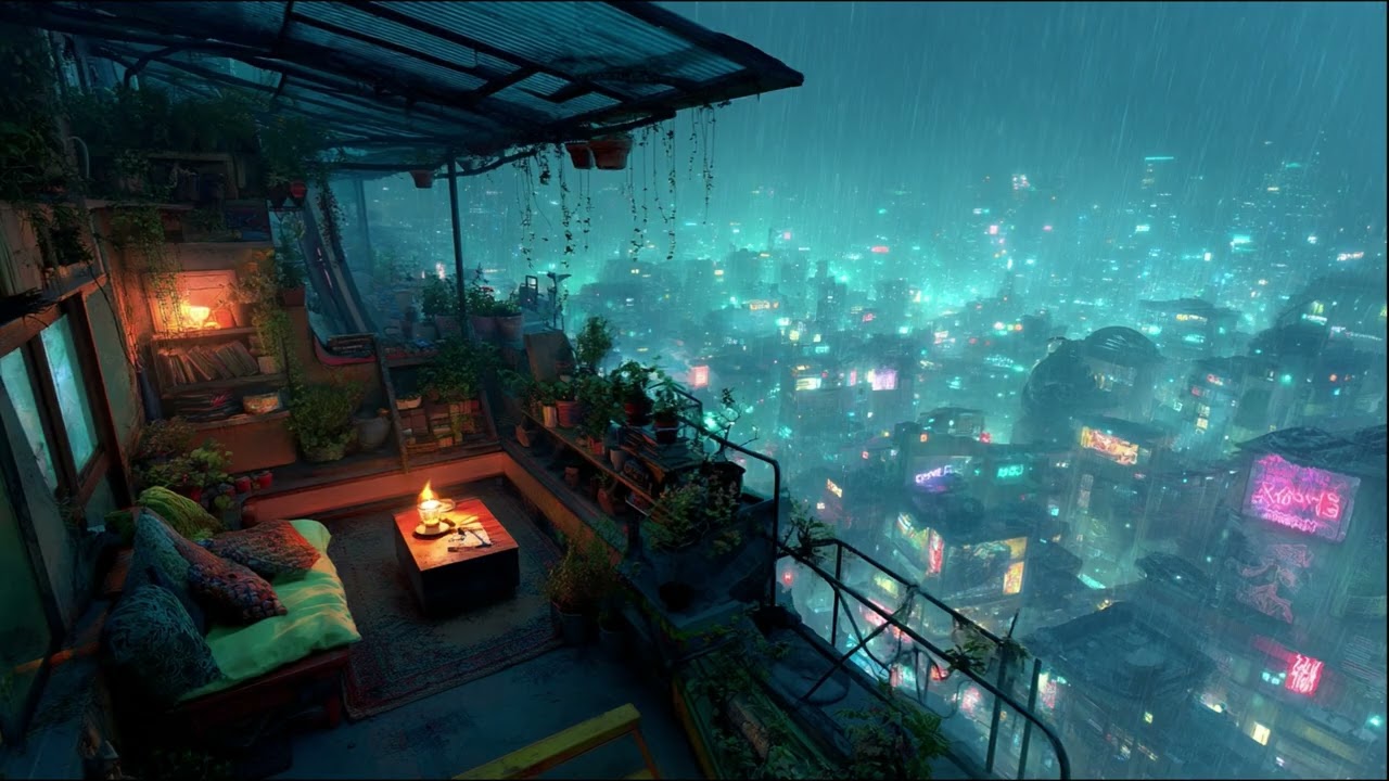 Cyber Lofi Vibes– Cozy Cyberpunk Cabin Above the Neon Megacity | Lofi Music for Study & Deep Focus