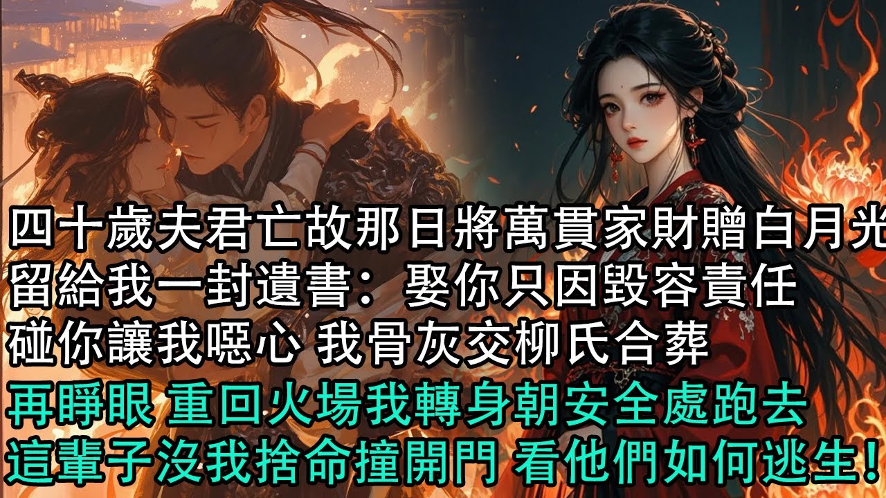 【一口氣看完】四十歲夫君亡故那日將萬貫家財贈白月光，留給我一封遺書：娶你只因毀容責任，碰你讓我噁心 我骨灰交柳氏合葬，再睜眼 重回火場我轉身朝安全處跑去，這輩子沒我捨命撞開門 看他們如何逃生！