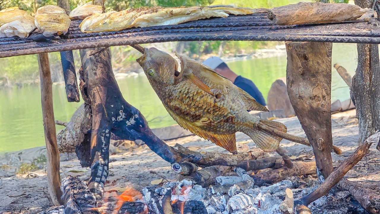 Pesca cocina y asado a la orilla de un hermoso río lleno de muchas especies de peces