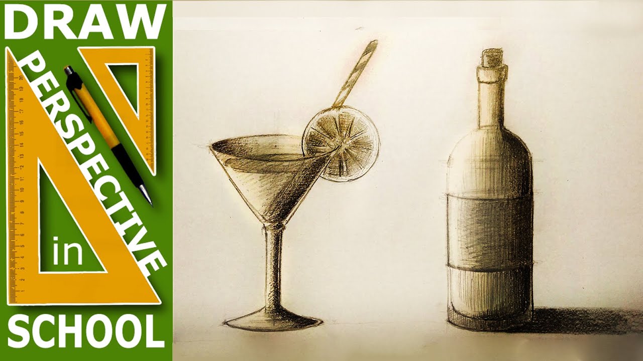 How to draw: Cylindrical object draw 2. -bottle, cocktail glass